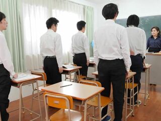 Japanese Teacher Seduces Shy Student with Giant Boobs on table